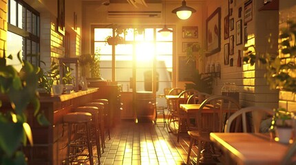 Interior café with soaring natural light, creating a warm and inviting atmosphere with stylish and comfortable seating
 Seamless looping 4k time-lapse virtual video animation Generated AI