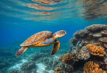 A joyful sea turtle swimming in crystal clear waters, surrounded by vibrant coral reefs