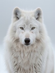 Majestic Portrait of a White Wolf with Piercing Yellow Eyes