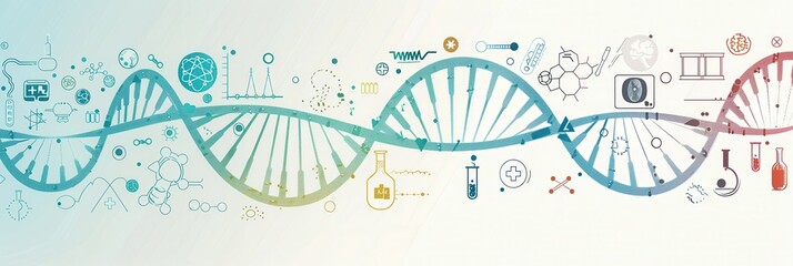 A double helix DNA strand is depicted surrounded by medical icons including microscopes, test tubes, and stethoscopes, illustrating scientific exploration. Generative AI