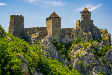 Stunning Golubac fortress overlooking Danube river in Serbia on a sunny day