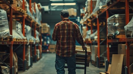 Warehouse Worker Pushing a Hand Truck with Wood Pallets