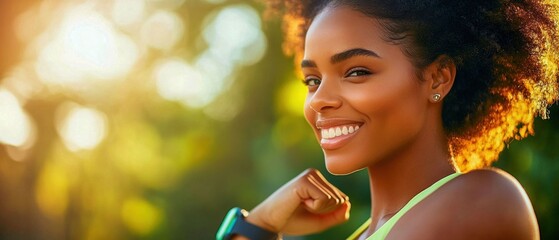 Young African American Woman Smiling in Athletic Wear with Smartwatch. Generative ai