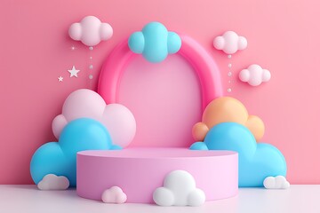 Dreamy Cloudscape Podium: A pastel pink podium takes center stage beneath a whimsical rainbow and fluffy clouds in this 3D render, perfect for showcasing baby products, toys, or anything adorable. 