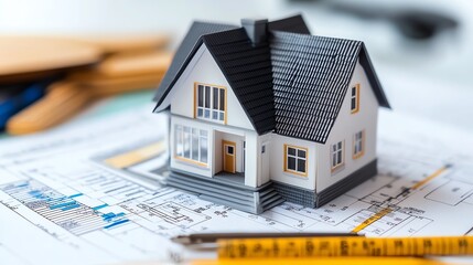 A miniature house model on architectural blueprints, showcasing a design concept for home construction and planning.