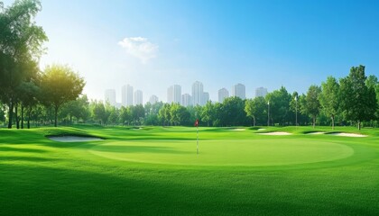 Naklejka premium Scenic Coastal Golf Course in Need of Repair: Lush Greens, Flagsticks, and Bunkers Under Clear Blue Skies - Perfect Setting for Outdoor Sports and Summer Leisure, Featuring a Prominent Divot Awaiting
