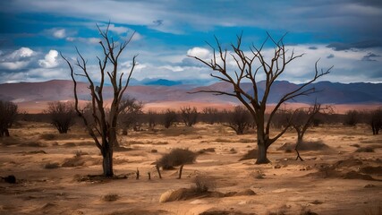 Obraz premium A dystopian landscape, dried and scorched by the effects of global warming, vibrant fields are barren and cracked.