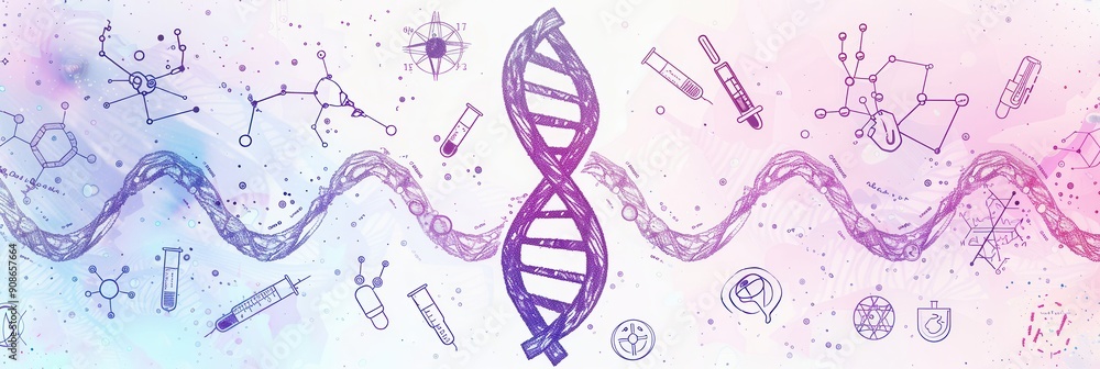 Poster a dynamic representation of a dna double helix surrounded by medical symbols, illustrating the conne