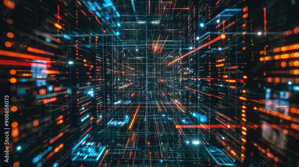 Poster lines of data flow in a vibrant digital tapestry, a mesmerizing visual representation of the ever-ex