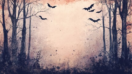Watercolor spooky forest with bats on one side, with copy space on the other side, vintage watercolor splash background