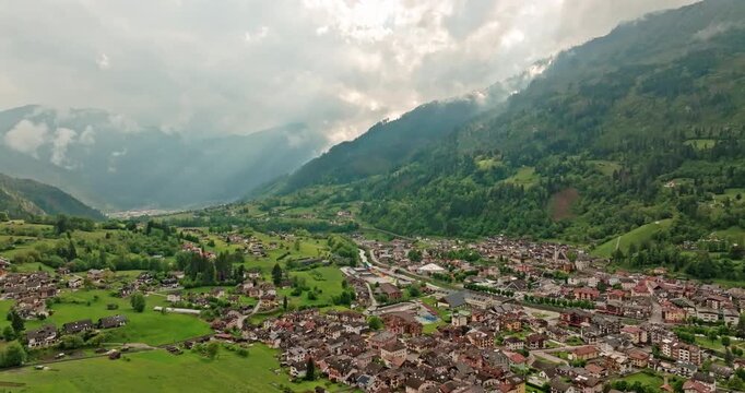 Aerial view Primiero San Martino di Castrozza Italy. Beautiful urban cityscape of a city in the mountains of the Dolomite Alps. High quality 4k footage