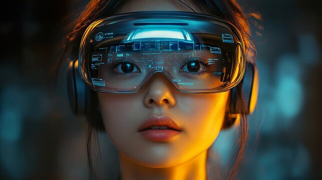 Asian woman uses virtual reality glasses - Powered by Adobe