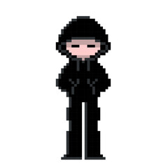 Fototapeta premium 黒パーカーのフードを深くかぶったハッカー風怪しい人のかわいいドット絵
