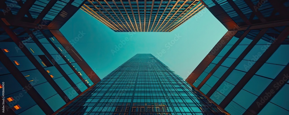 Poster dramatic view of skyscrapers from below, showcasing urban architecture and a vibrant blue sky for an