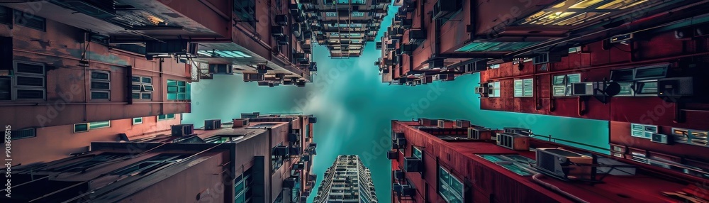 Poster a stunning aerial view of urban architecture with vibrant colors and unique perspectives. perfect fo