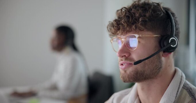 Call center, businessman and advice for consulting, tech support or customer advice at office. Employee, consultant man and discussion with headset for communication, help or contact us IT service