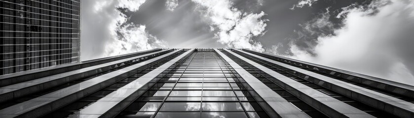 Fototapeta premium A dramatic low-angle view of a skyscraper against a cloudy sky, capturing modern architecture in striking black and white tones.