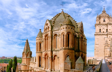 Panorama with the dome of the old Cathedral of Salamanca and the large bell tower of the new, Castilla y Leon, Spain