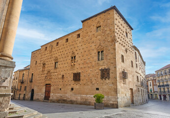 Facade of the famous 16th century Casa de las Conchas in the old town of Salamanca, in Castile and Leon, Spain