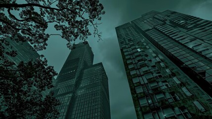 A dramatic view of towering skyscrapers under a moody green sky, surrounded by silhouettes of trees, capturing urban mystique.