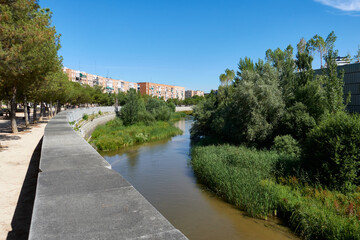 River Manzanares with green vegetation in the bed in the city of Madrid, Spain