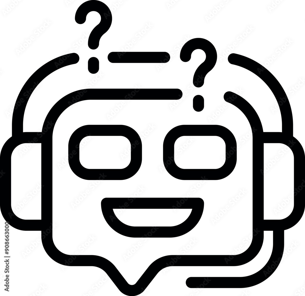 Poster chatbot with question marks is smiling in this icon designed in a thick line style