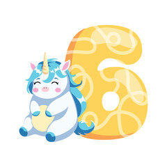 six birthday illustration for a greeting card with cute unicorn number flat style
