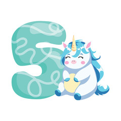  birthday illustration for a greeting card with cute unicorn five number flat style
