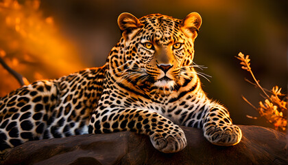 Naklejka premium Leopard in a Calm and Relaxed Pose Close-Up During a Beautiful Sunset, Resting Gracefully on a Sunlit Rock
