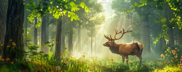 A majestic stag standing in a dense forest during spring. Include a backdrop of tall trees with fresh green leaves and blooming wildflowers.