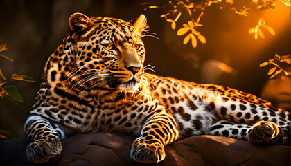 Leopard in a Calm and Relaxed Pose Close-Up During a Beautiful Sunset, Resting Gracefully on a Sunlit Rock