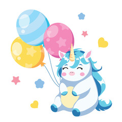 A cute  baby unicorn holds colored balloons. Children's illustration for celebration	