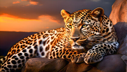 Fototapeta premium Leopard in a Calm and Relaxed Pose Close-Up During a Beautiful Sunset, Resting Gracefully on a Sunlit Rock