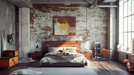 Modern Industrial Loft Bedroom with Exposed Brick Wall and Wooden Bed