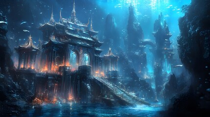 Obraz premium A mythical underwater city inhabited by merfolk and sea creatures, bioluminescent lighting, aquatic fantasy world, mystical beings, enchanting ambiance, image use