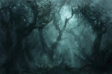 A dense, dark forest with towering trees that obscure the sky, creating an eerie atmosphere.