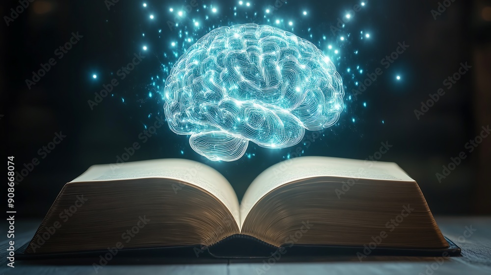 Poster opened book with brain above it
