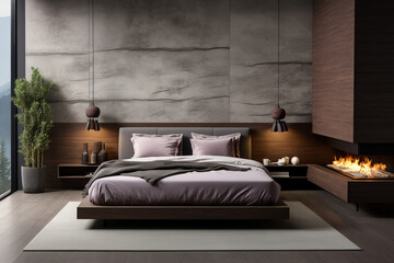 A modern bedroom with a sleek, minimalist design features a cozy bed with soft pink bedding, and fireplace.