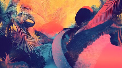 A surreal dreamscape with abstract shapes and patterns, risograph color overlays, intricate designs, dreamlike lighting, artistic complexity, imaginative mood, image use