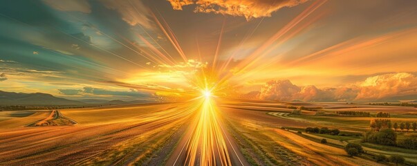 Vibrant sunset over a serene landscape, radiating warmth and tranquility, showcasing nature's beauty in a stunning view.