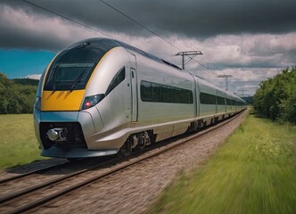 Modern high-speed train approaches to the station at spring morning time.