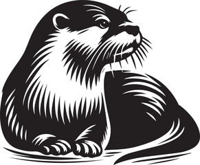 otter silhouette, otter line art black white vector illustration, Old vintage engraving illustration. Hand drawn outline graphic.
