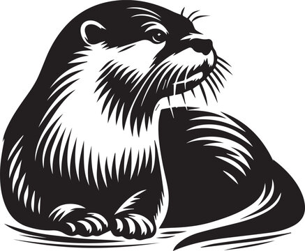 recommend clip art: otter silhouette, otter line art black white vector illustration, Old vintage engraving illustration. Hand drawn outline graphic.
                    