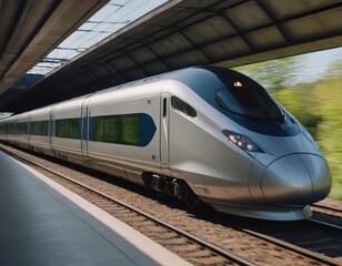 Modern high-speed train approaches to the station at spring morning time.