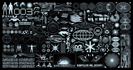 Brutalism graphic shapes. Retro-futuristic grunge elements for design, geometric universal wireframe shape, silhouettes of people, fake logo. Blanks for a poster, banner, business card, sticker
