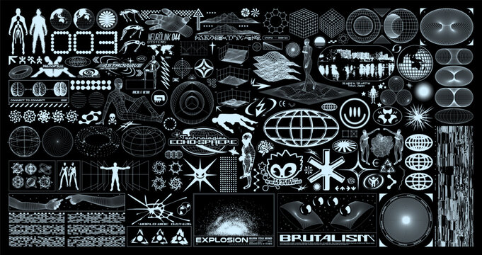 Brutalism graphic shapes. Retro-futuristic grunge elements for design, geometric universal wireframe shape, silhouettes of people, fake logo. Blanks for a poster, banner, business card, sticker