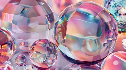 Glass holographic geometric shapes in pastel tones creating a reflective and multi faceted texture.