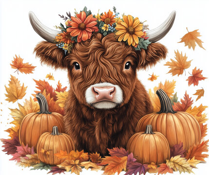 Highland cow in fall setting