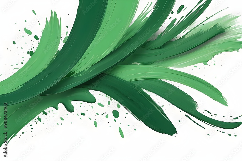 Poster dynamic green abstract brush strokes with splashes of color on a white background, evoking a sense o
