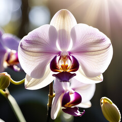 Photograph of white and purple orchids in soft sunlight.